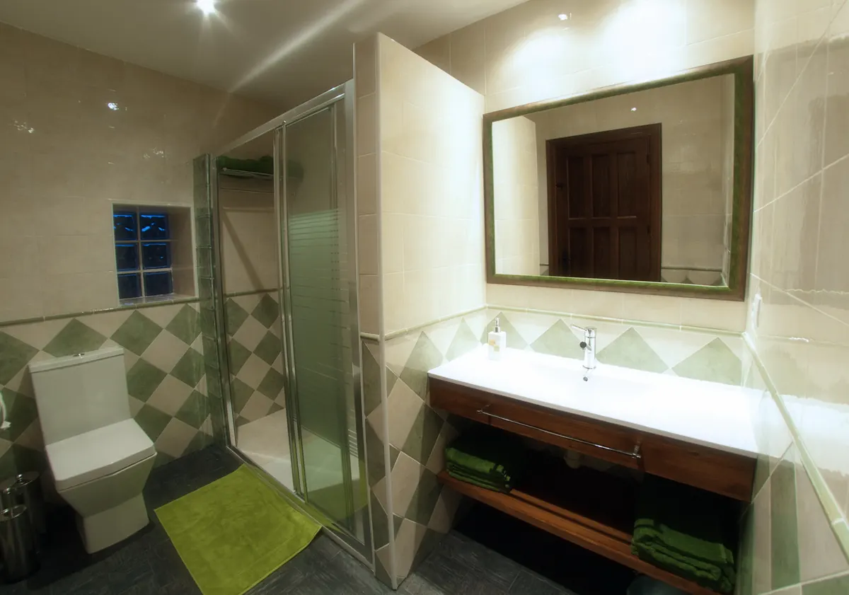 Baño con columna de hidromasaje y azulejos verdes